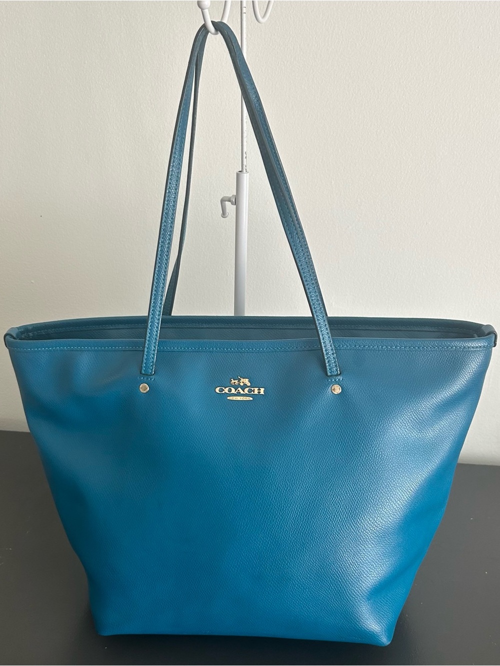 Coach Turquoise Teal Pebbled Leather Tote zip top structured shoulder bag - Picture 3 of 11